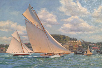 Thelma leads Ariki past the Esplanade Hotel Devonport, Auckland Anniversary Regatta 1907