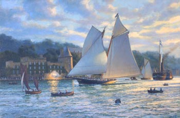 Relative Size: The 'America' crosses the finish line First, to win the one hundred Guiness Cup, Which became international sport's oldest trop