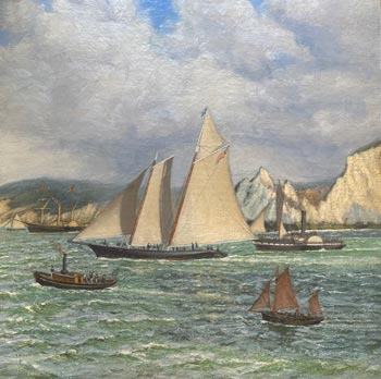 The "America" rounding the Needles, Isle of White, during the race for the One Hundred Guineas Cup 22nd August, 1851