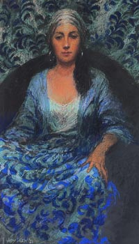 Seated Woman in Reflective Blues