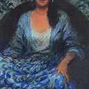 Seated Woman in Reflective Blues