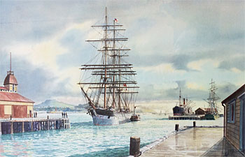 An early morning and the Shaw Saville ship Crusader berthing at Queen's Wharf, Auckland. 1890's