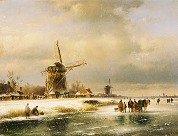 Frozen Waterway with Windmills & Figures