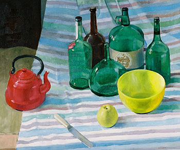 Still Life with Green Bottles on Table