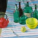 Still Life with Green Bottles on Table