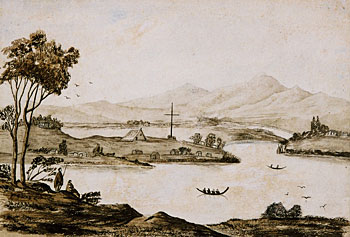 A North Island Settlement with Flagpole on Peninsula - Buildings, Boats & Figures