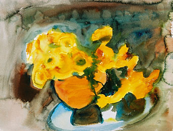Yellow Flowers in a Orange Vase on Blue Table
