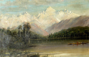 Southern Lake Scene with Canoe & Mountains Beyond
