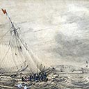 Rowboat and Sailing Ship in Heavy Seas