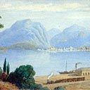Italian Lake Scene with Ship and Train in Foreground