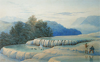 White Terrace with Maori & European Figures