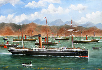 S.S. Waiwera leaving Wellington for the Cape with the N.Z Contingent 24 October 1899. Escorting Steamers returning to Port