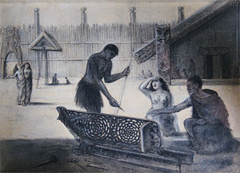 Maori Working on a War Canoe (Waka - Taua) in Front of Hotonui Meeting House