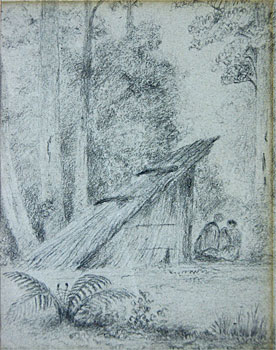 Two Figures by Maori Hut - another study verso