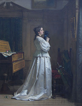 Lady in White Satin Dress with Terrier