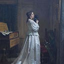 Lady in White Satin Dress with Terrier