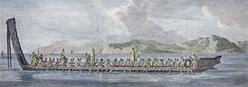 A War Canoe of New Zealand with a view of Gable End Foreland
