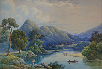 River with Fisherman, Village and Waka Foreground