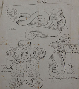 Sketches of Huia Box Carvings & a further sketch verso