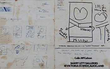 Barry Lett Galleries invitation to Colin McCahon exhibition with pen drawings of exhibition by an unknown hand, 1968