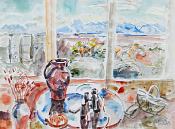 Still Life with Jug and Distant Landscape Through Window