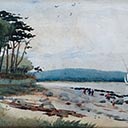Coastal Scene with Yacht and Figures on Beach