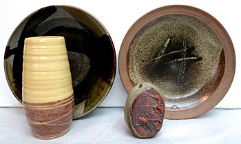 Studio Pottery Pieces (4), Includes yellow glazed sgraffito vase, 2 chargers 30cm diameter, and a small vase 12cm.