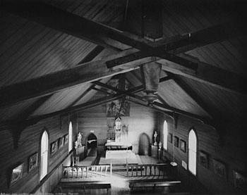 Interior, from the upstairs gallery, Catholic church, Motukaraka, Hokianga Harbour, Northland, 4 May 1982