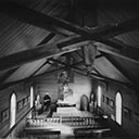 Interior, from the upstairs gallery, Catholic church, Motukaraka, Hokianga Harbour, Northland, 4 May 1982