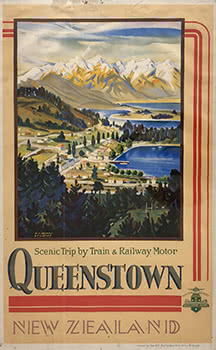 New Zealand Railway poster - Scenic Trip by Train & Railway Motor Queenstown c.1930 - c.1939