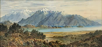 Central Otago Lake and Mountain Scene, with Drovers in Foreground